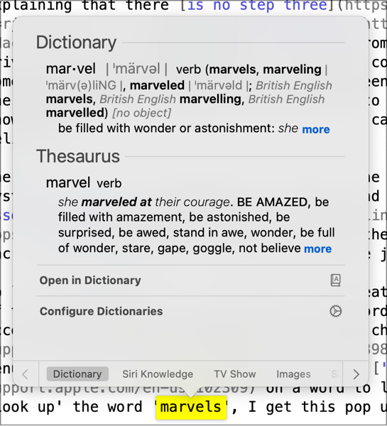 Screen shot of the 'look up' menu for the word 'marvels'.