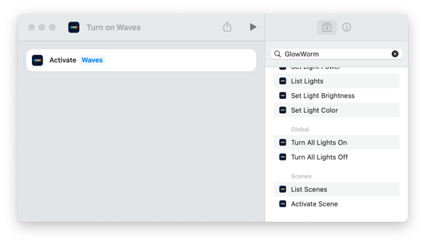 The editor interface in Apple Shortcuts showing a simple scene with only one action -- to activate a GlowWorm scene called Waves.